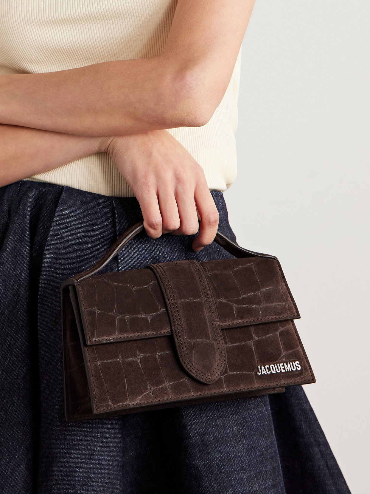 Jacquemus Le Grand Bambino Croc-effect Suede Tote In Brown