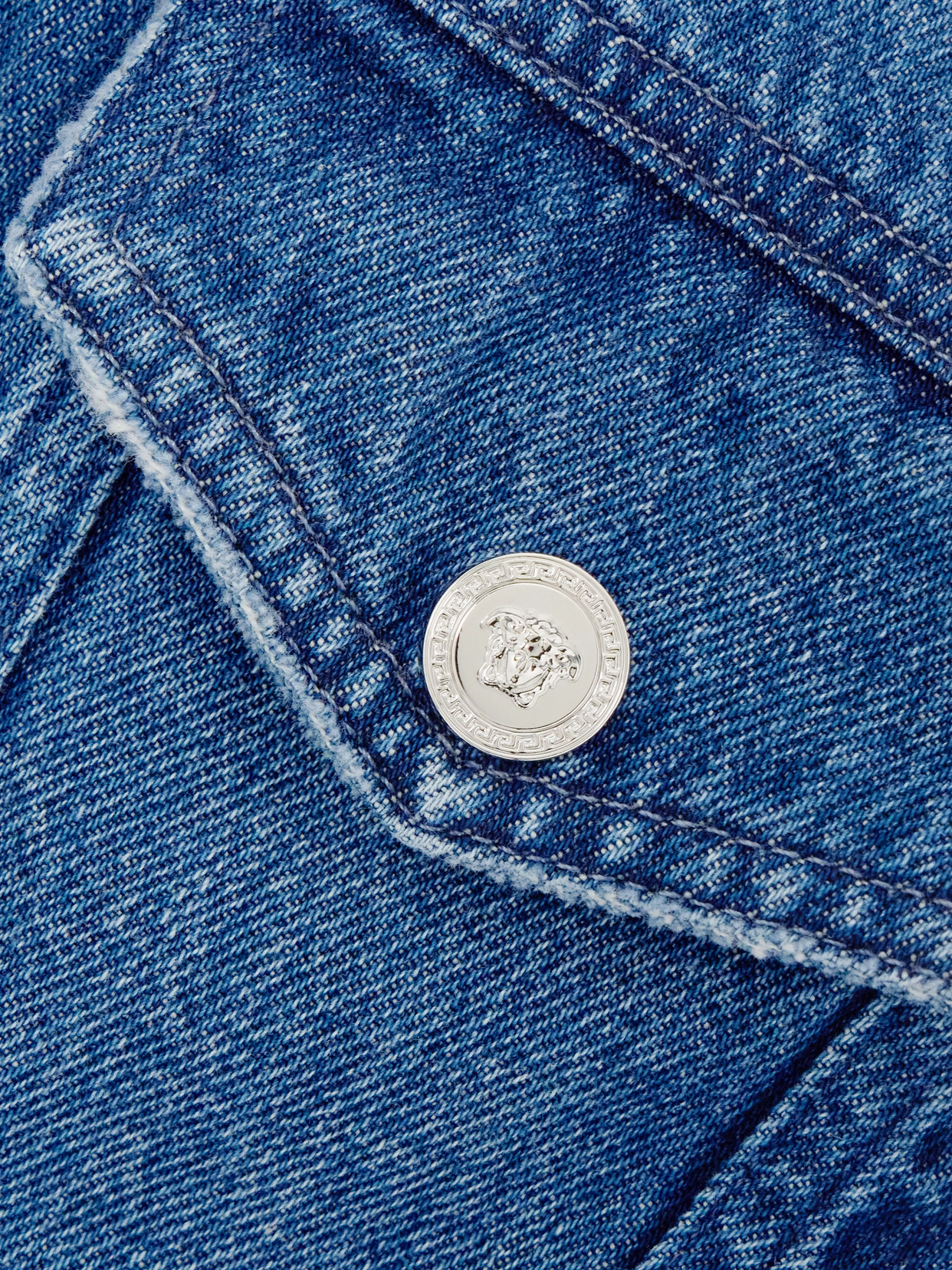 Versace Frayed Denim Shirt In Blue