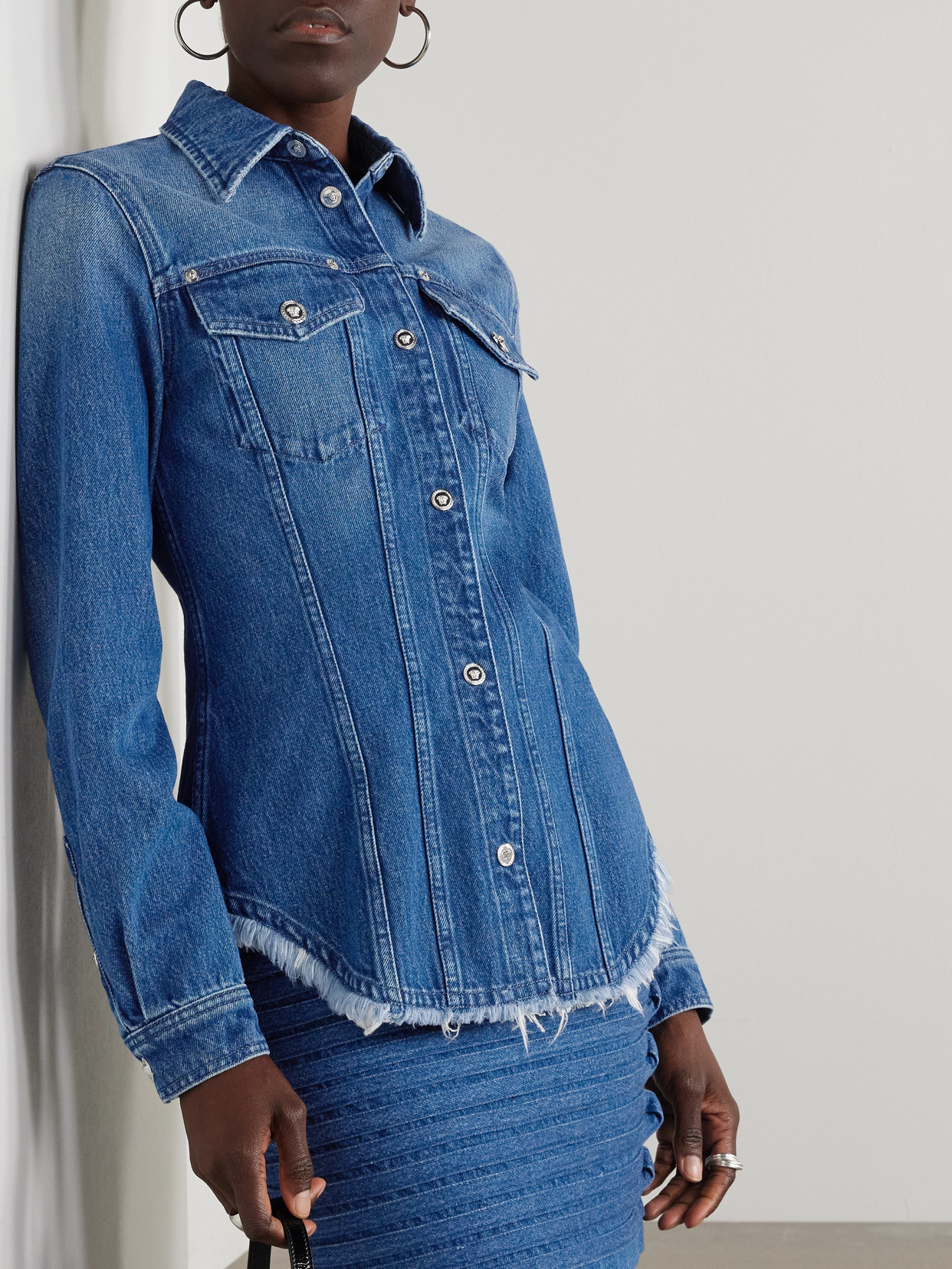 Versace Frayed Denim Shirt In Blue