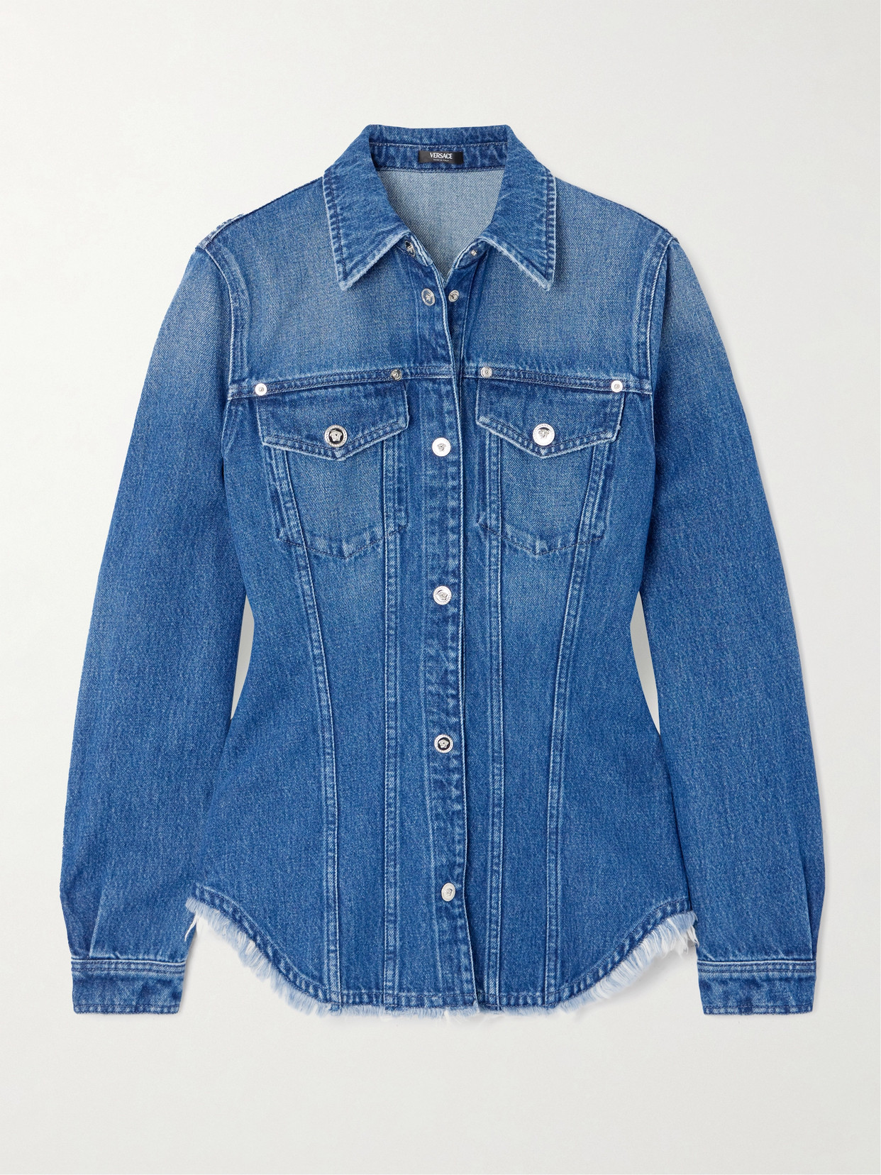 Versace Frayed Denim Shirt In Blue