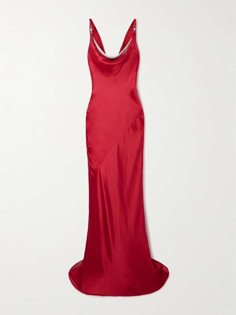 sequin-trimmed draped silk-satin gown