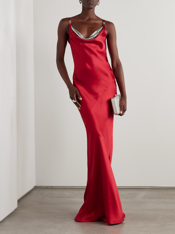 Versace Sequin-trimmed draped silk-satin gown