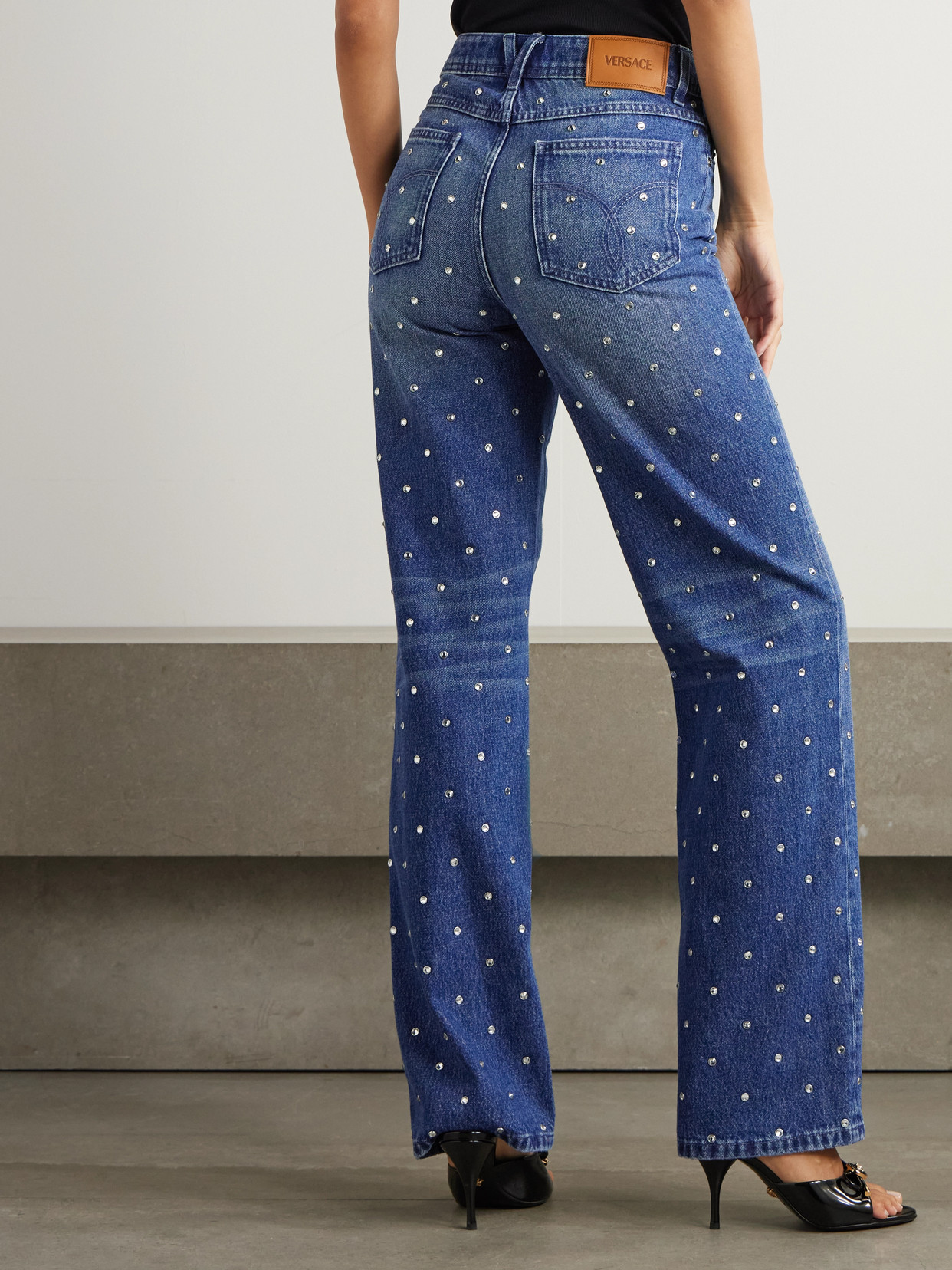 Crystal-Embellished Mid-Rise Straight-Leg Jeans