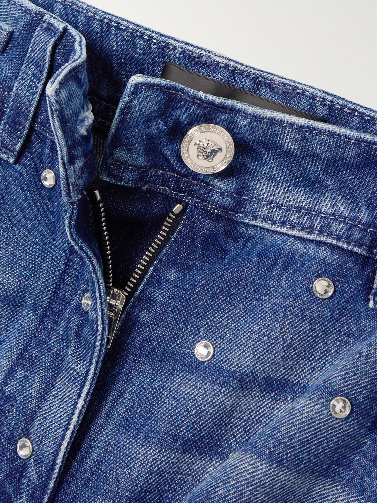 Crystal-Embellished Mid-Rise Straight-Leg Jeans