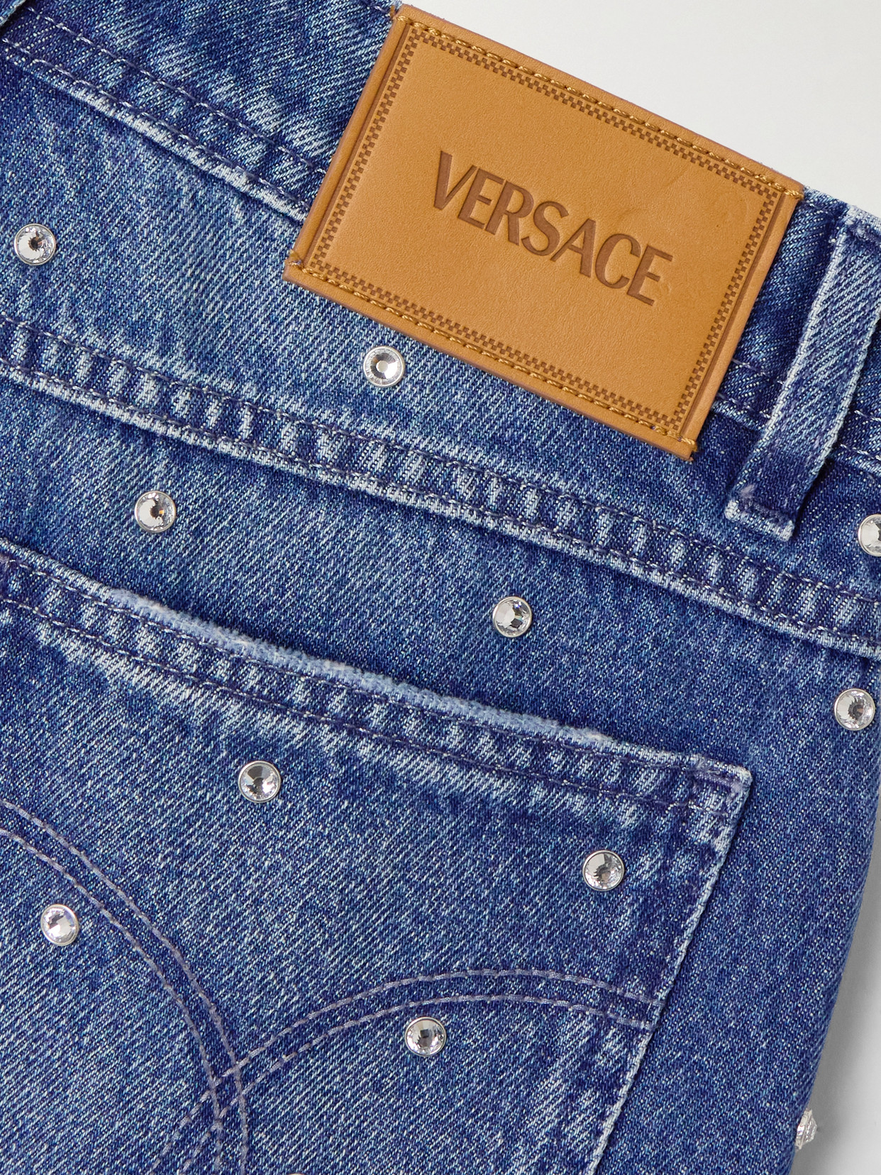 Crystal-Embellished Mid-Rise Straight-Leg Jeans