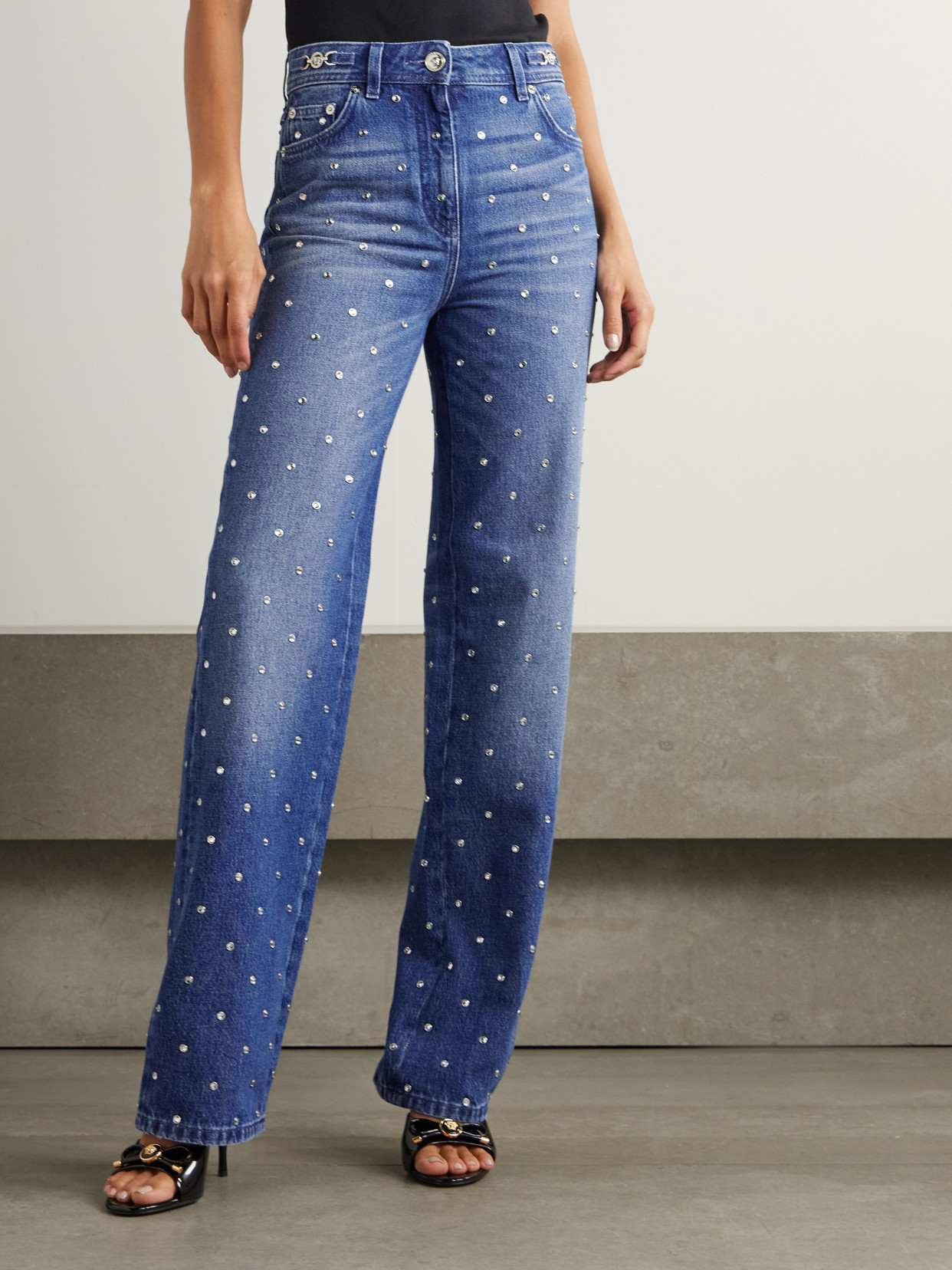 Crystal-Embellished Mid-Rise Straight-Leg Jeans