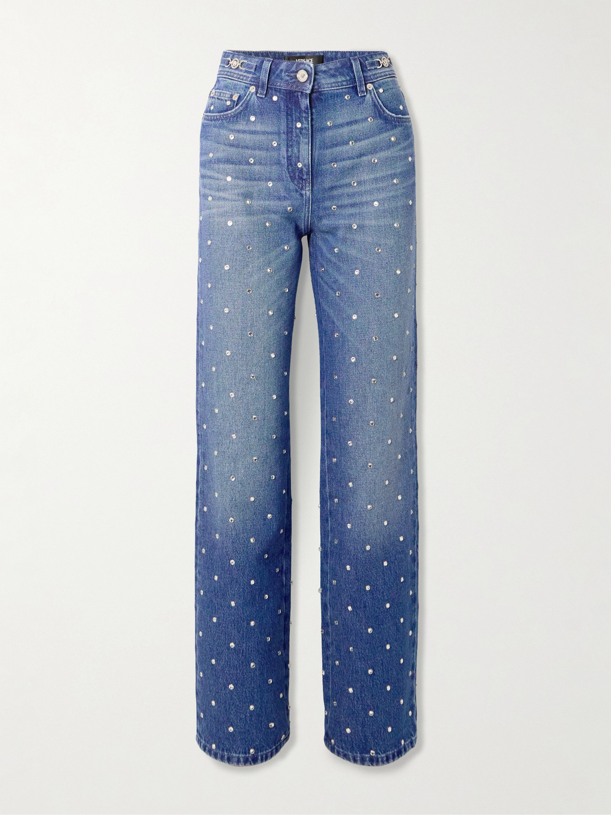 Versace Crystal-embellished Mid-rise Straight-leg Jeans In Blue