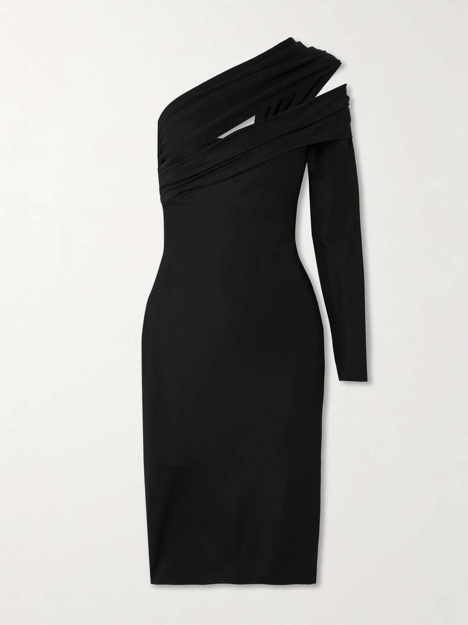 one-shoulder cutout stretch-piqué midi dress