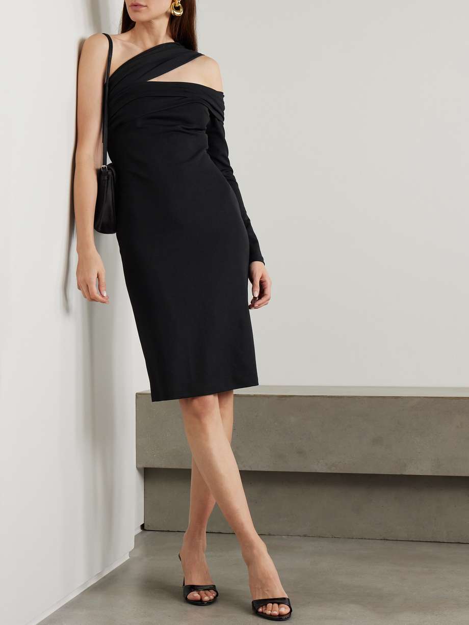 one-shoulder cutout stretch-piqué midi dress