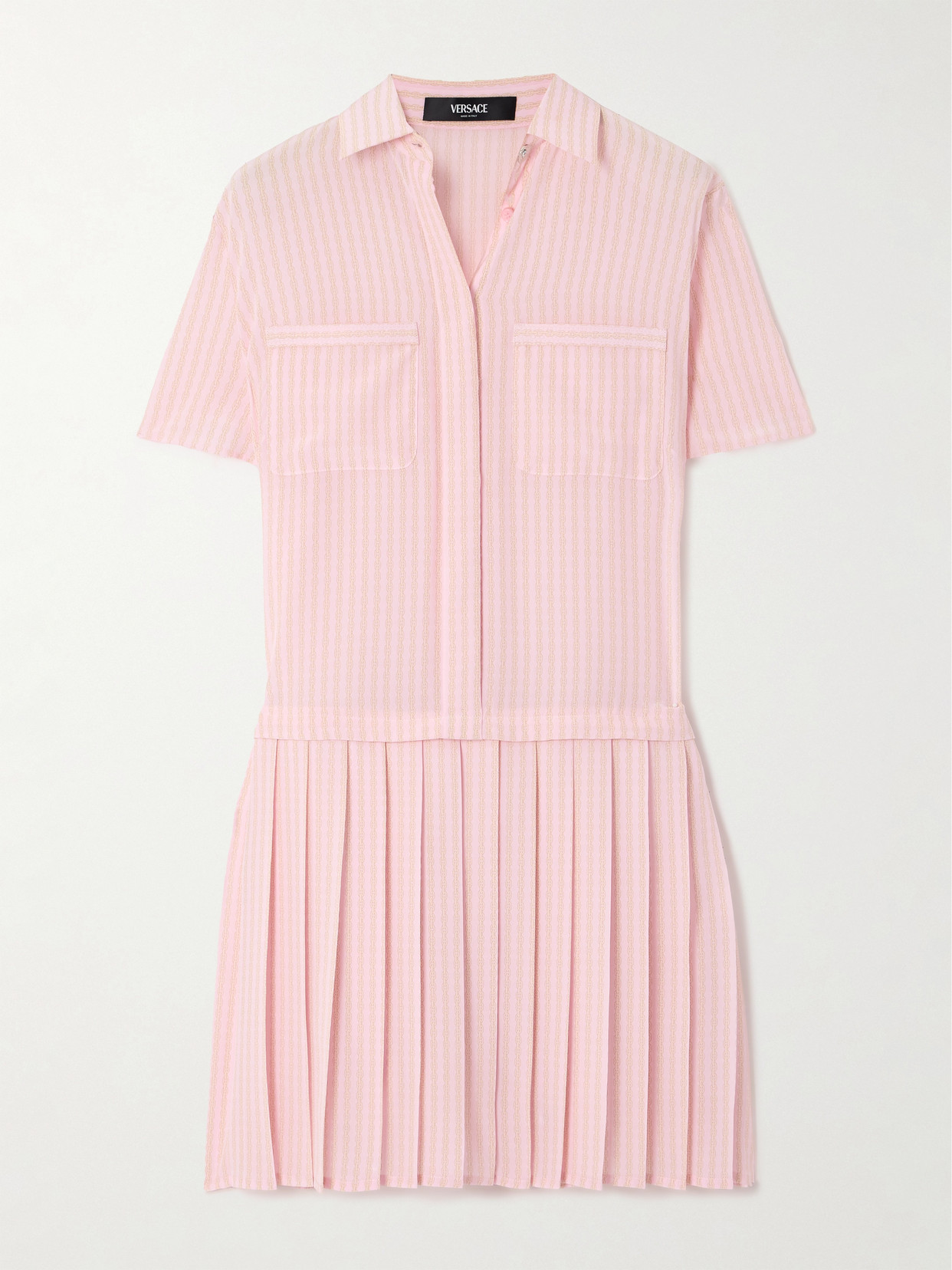 Versace Pleated Printed Silk Crepe De Chine Mini Dress In Pink
