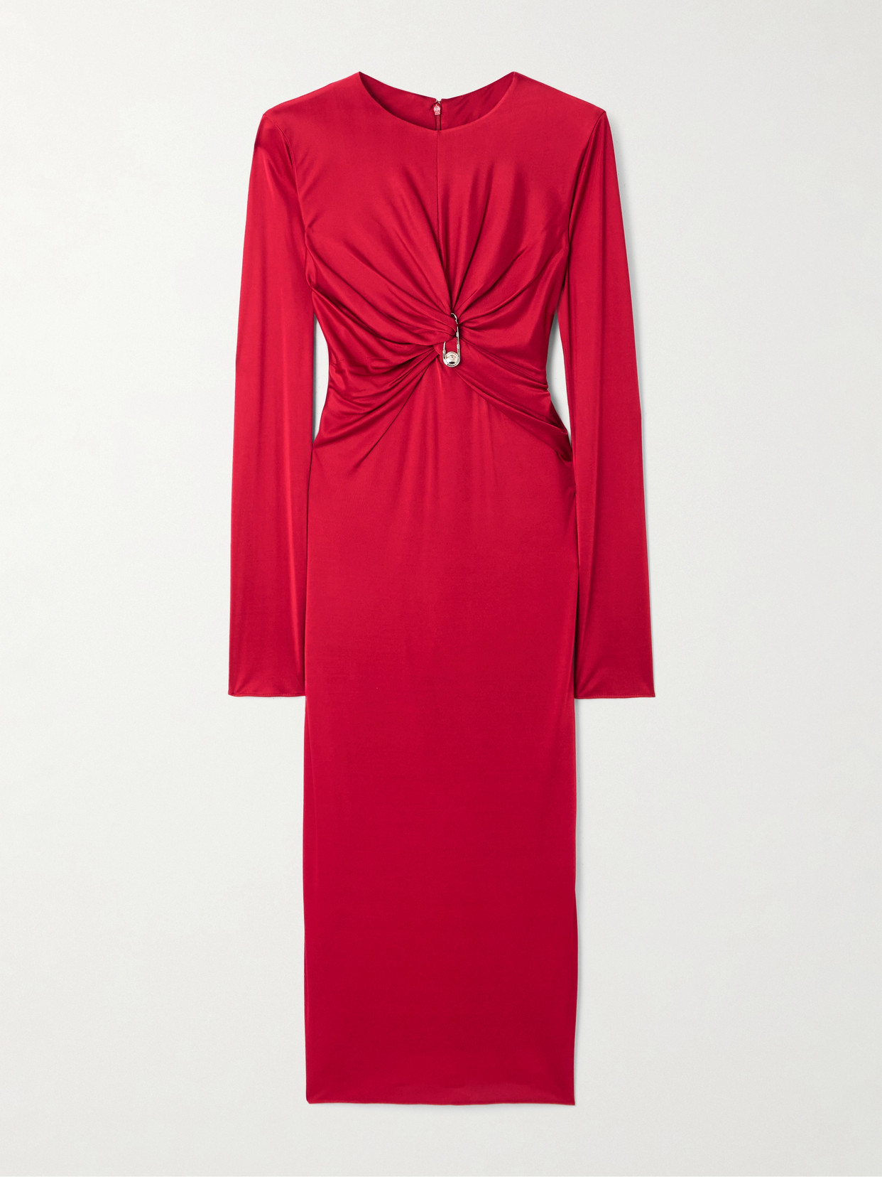 Versace Twisted Safety-pin Long-sleeve Jersey Midi Dress In Red