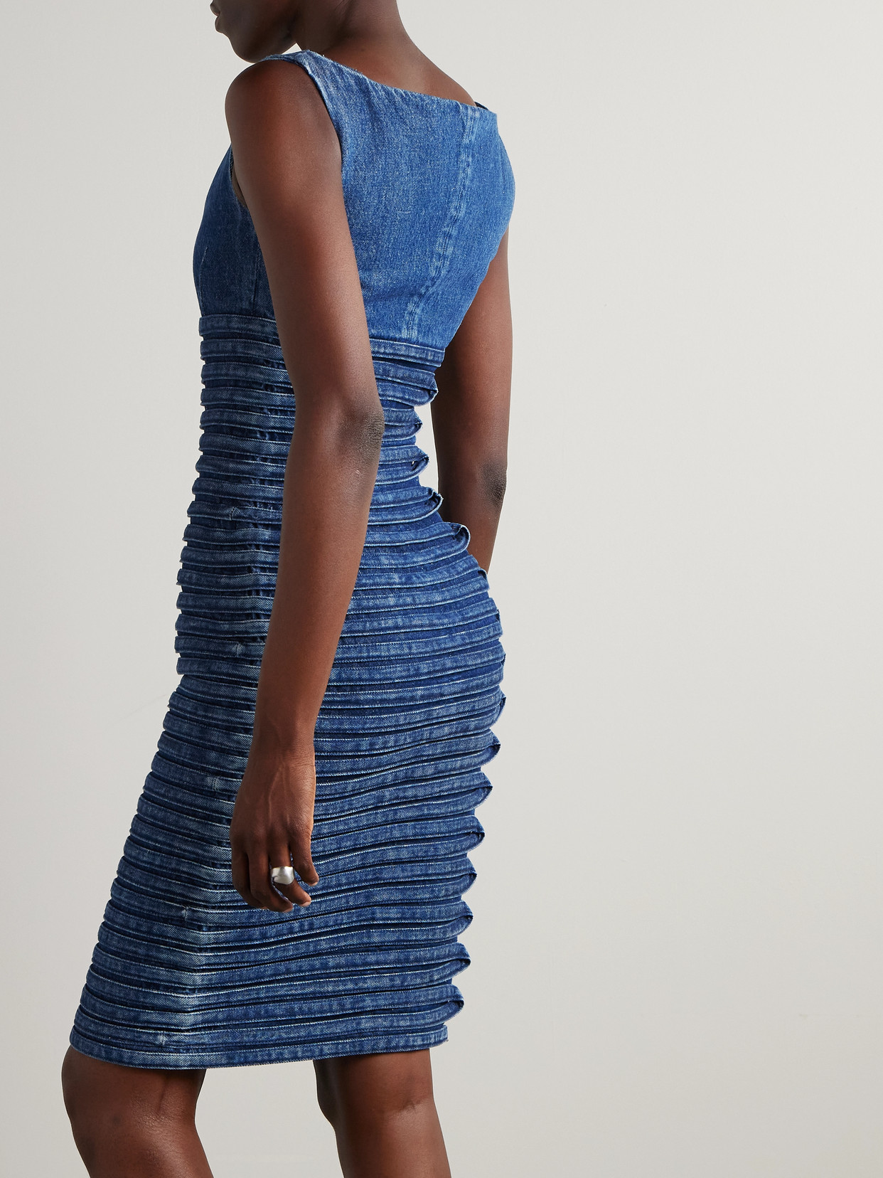 Versace Blue Scoop-neck Fitted Denim Minidress In Blue