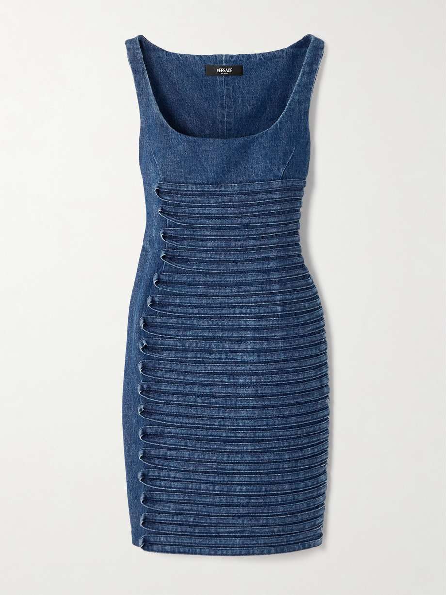 appliquéd denim mini dress