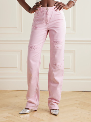 Versace Distressed embellished mid-rise straight-leg jeans