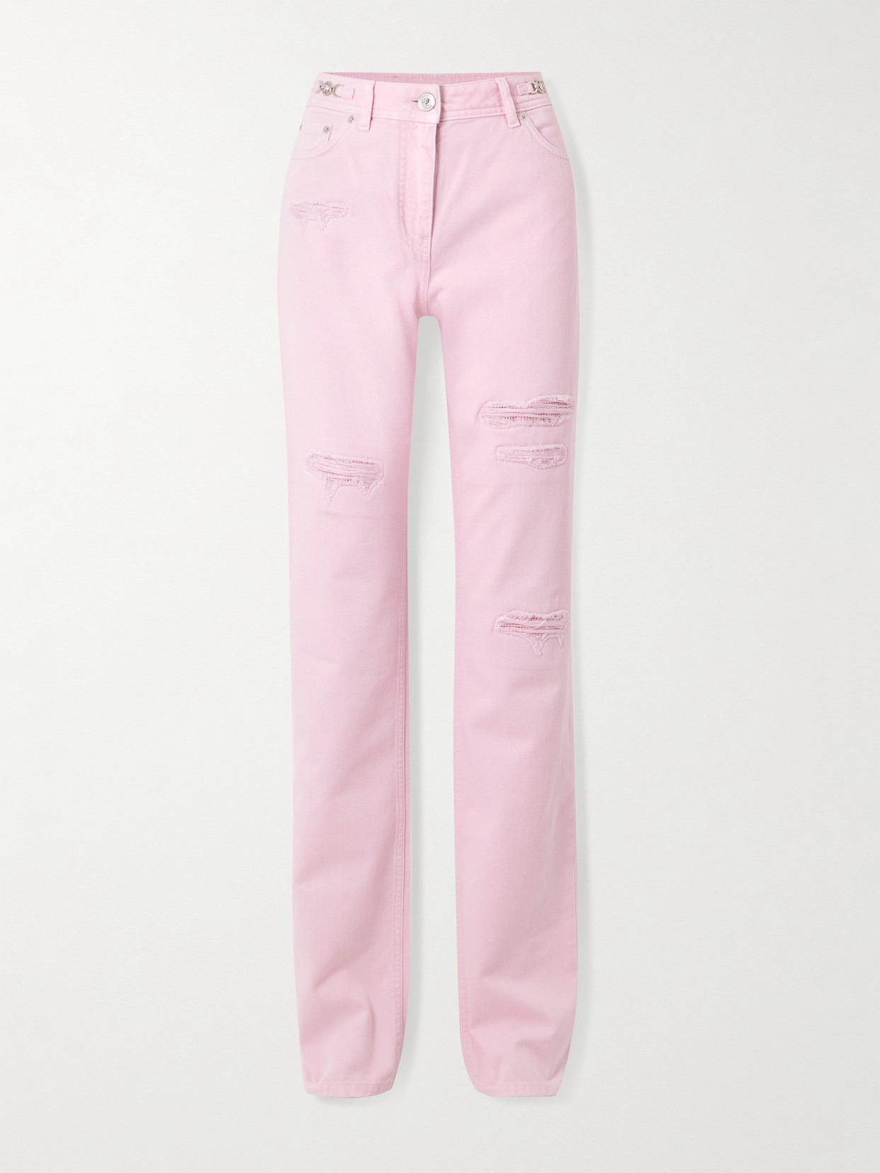 Versace Distressed Embellished Mid-rise Straight-leg Jeans In Pink