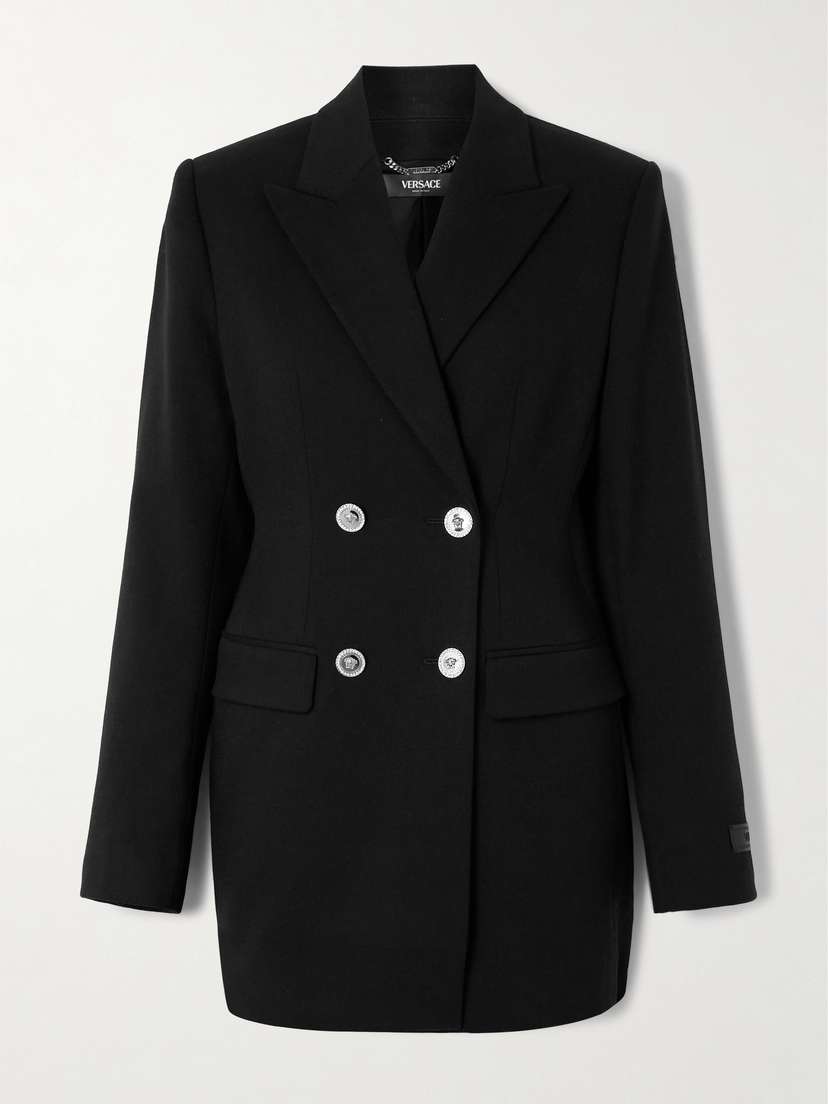 Versace Double-breasted Cut-out Wool-blend Grain De Poudre Mini Dress
