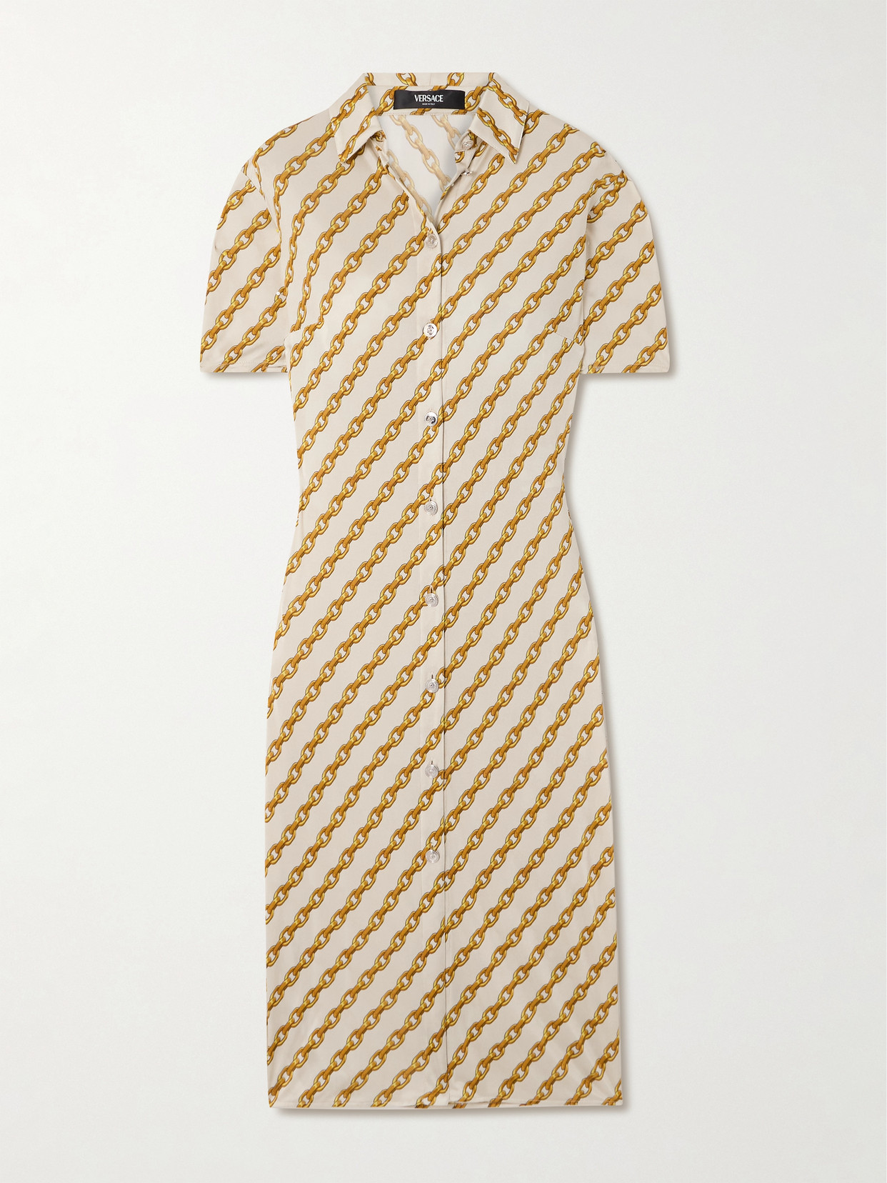 Versace Printed Jersey Midi Shirt Dress In Gold