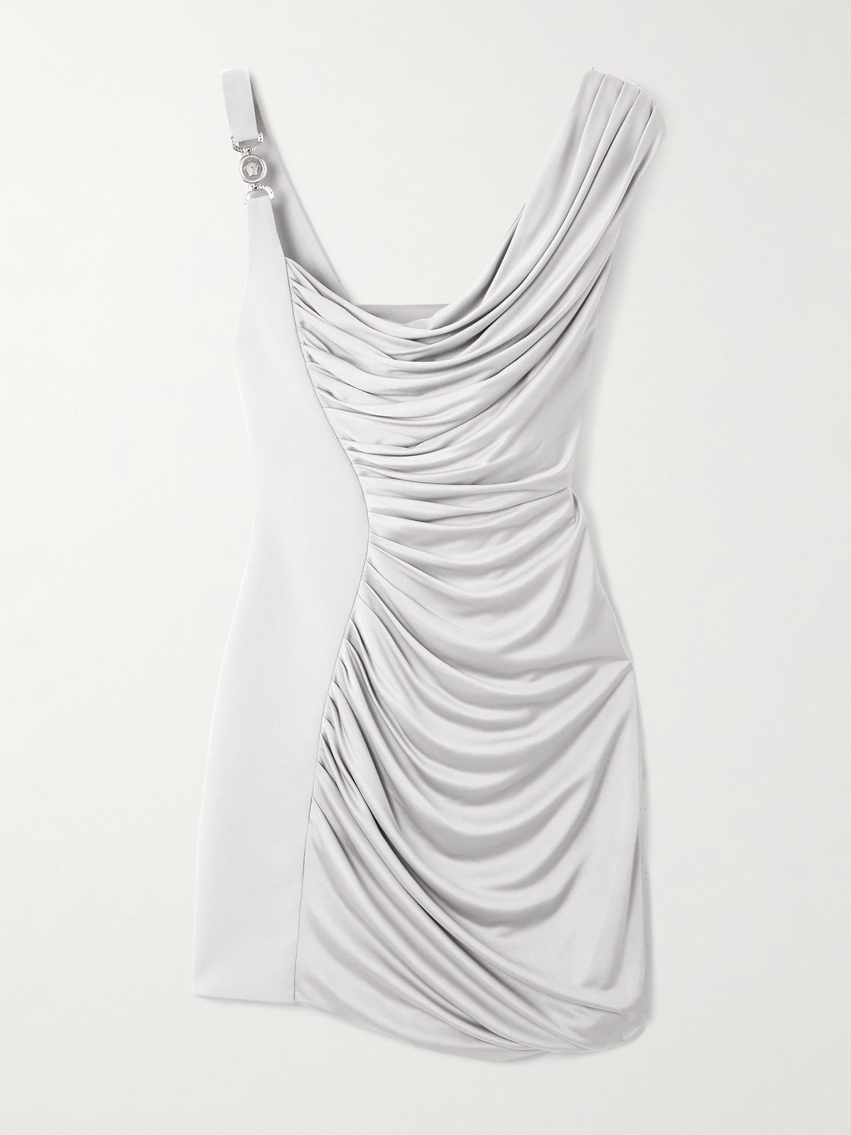 Versace - Asymmetric Embellished Draped Jersey Mini Dress - Silver