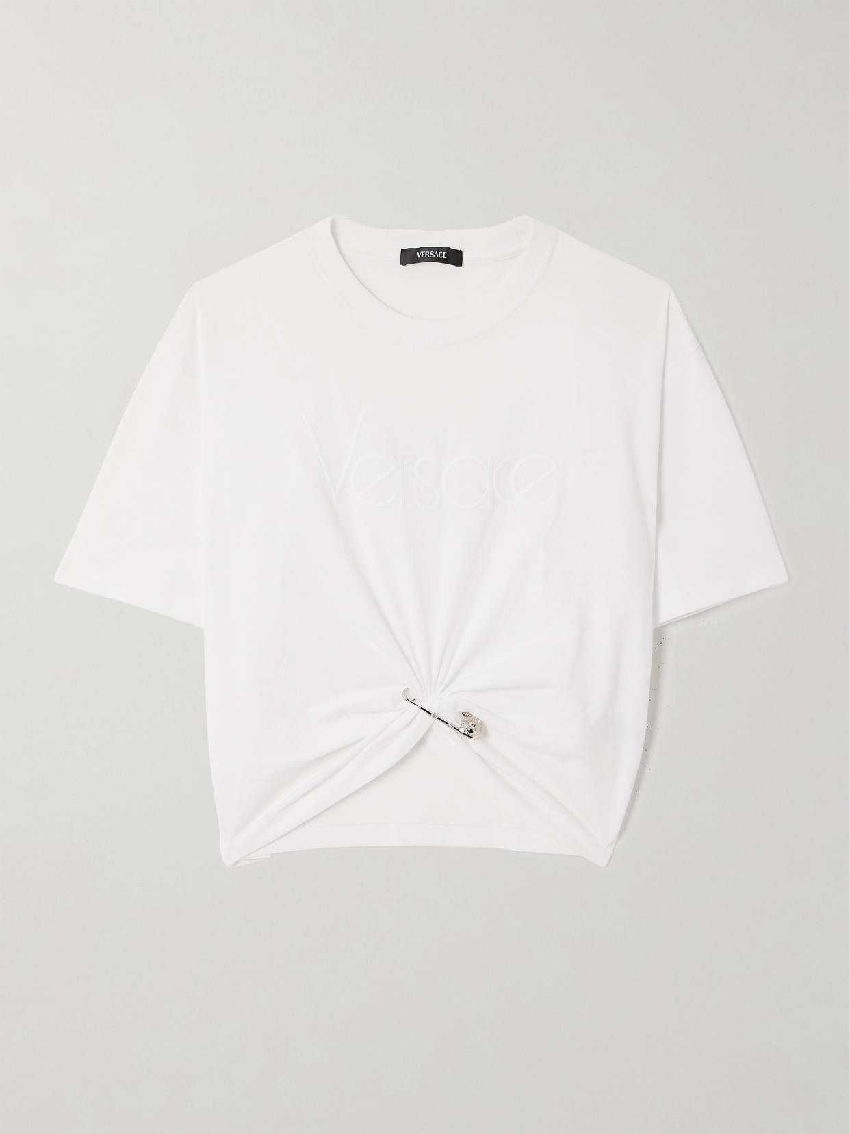 Versace Cropped Embellished Cotton-jersey T-shirt In White