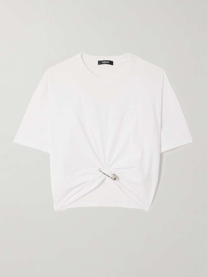 Versace Cropped Embellished Cotton-jersey T-shirt