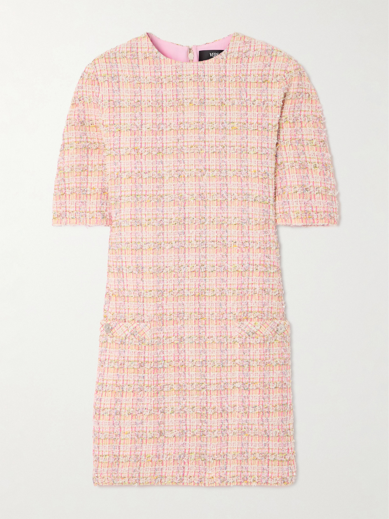 Versace Metallic Tweed Mini Dress In Pink