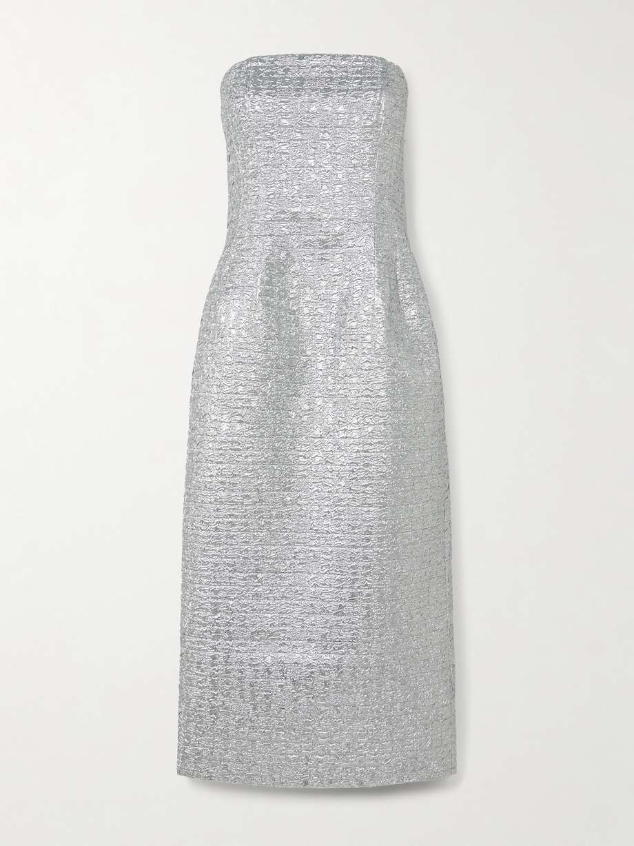 leila strapless metallic cloqué midi dress