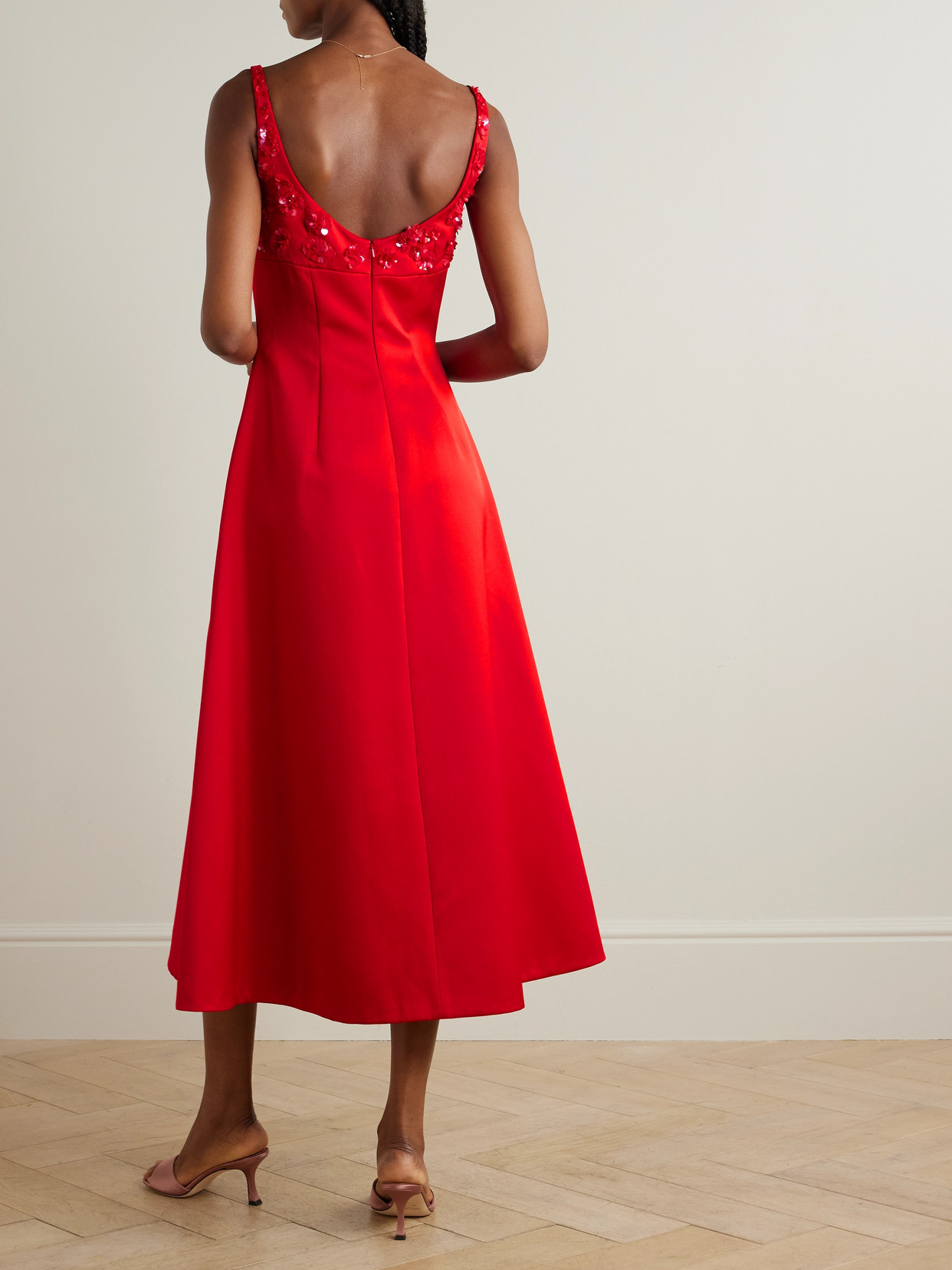Emilia Wickstead Abella Embellished Yoke Double Satin Midi Dress In Red