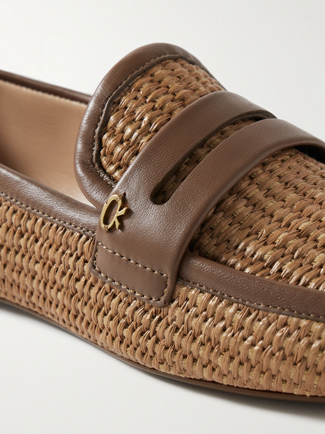 Gianvito Rossi Marbella Leather-trimmed Raffia Loafers In Brown Textile