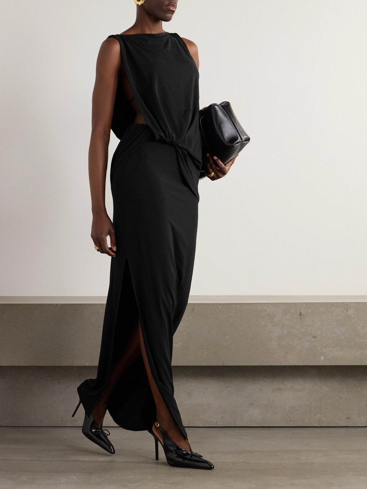 Jacquemus Peplo Draped Jersey Maxi Dress In Black