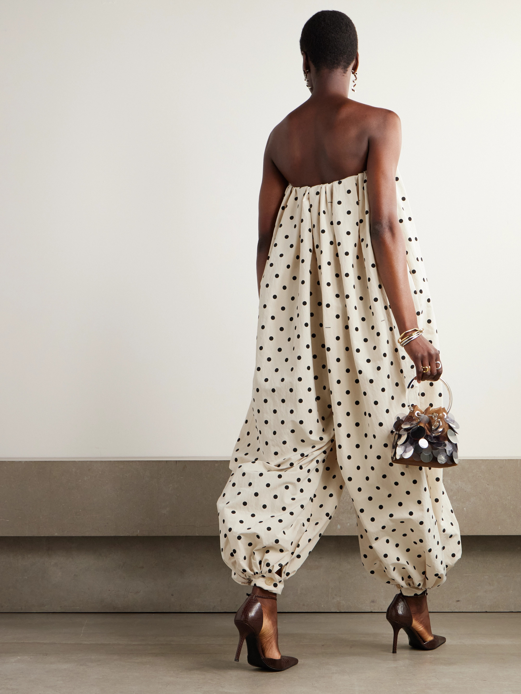 Jacquemus The Melao strapless pleated polka-dot poplin jumpsuit