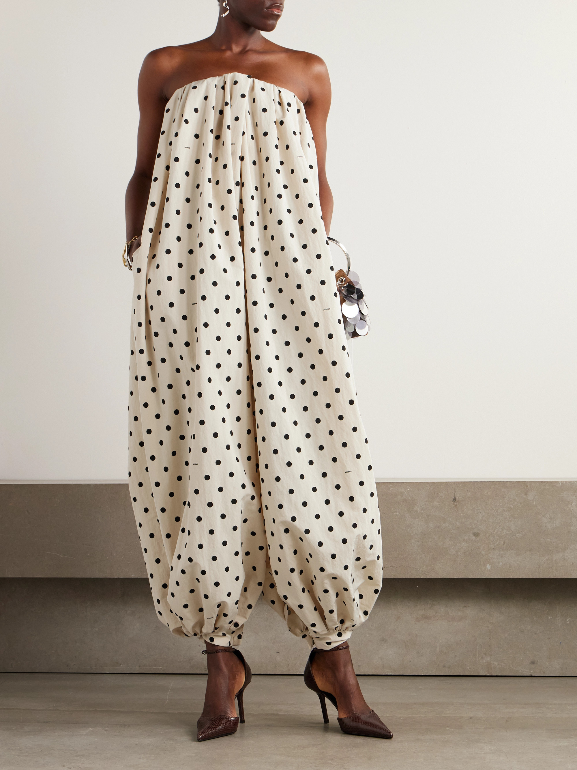 Jacquemus - The Melao strapless pleated polka-dot poplin jumpsuit