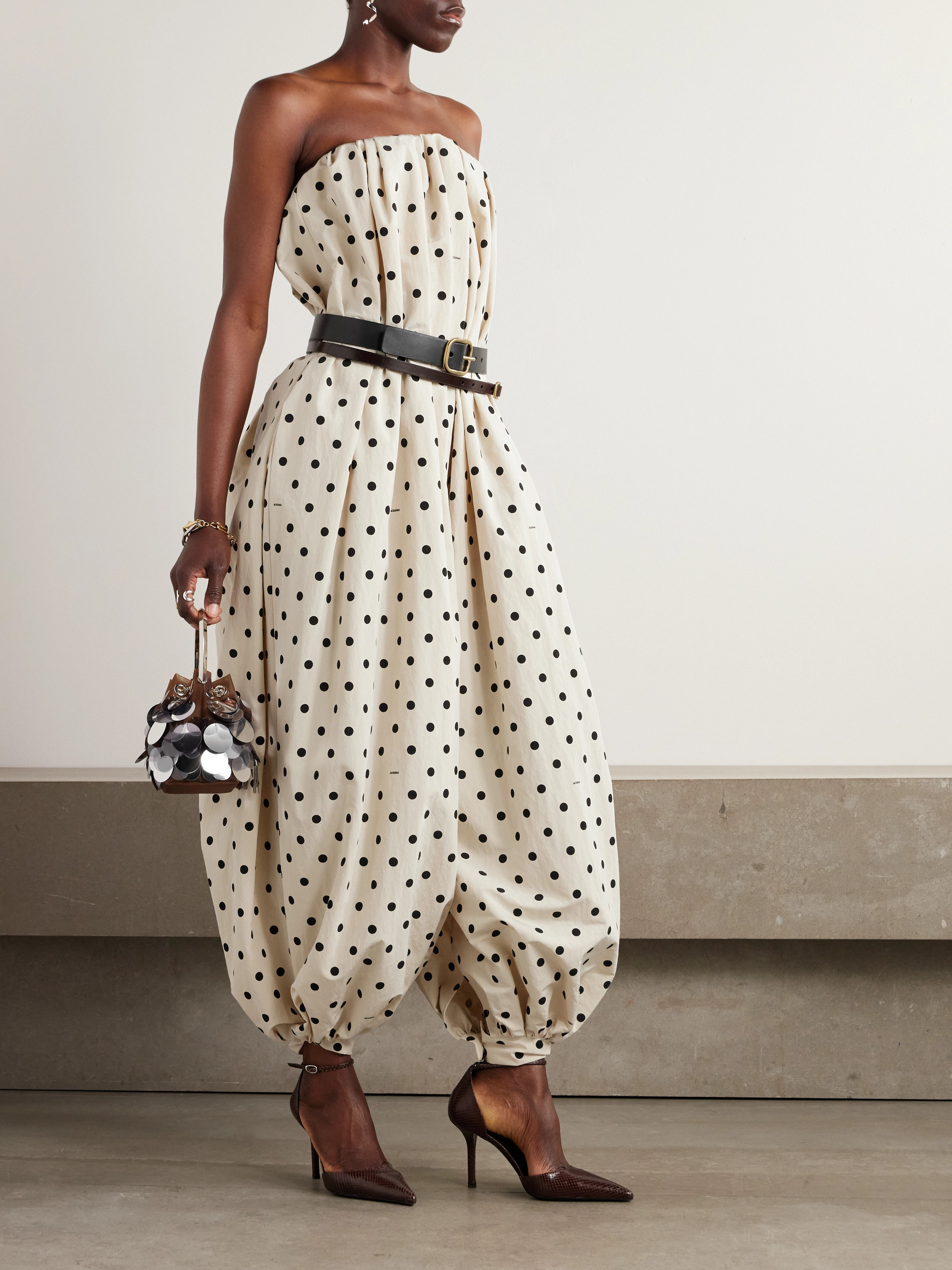 Jacquemus - The Melao strapless pleated polka-dot poplin jumpsuit