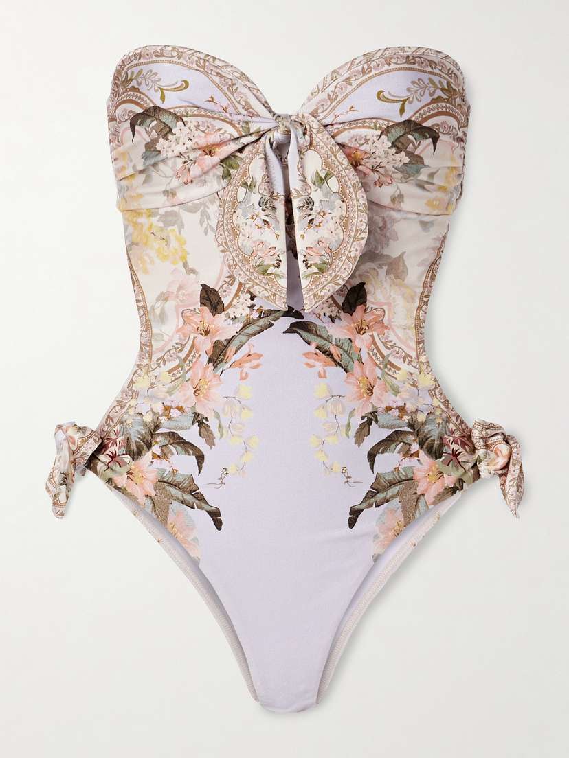 Zimmermann Wylie Strapless Cutout Tie-detailed Printed Swimsuit