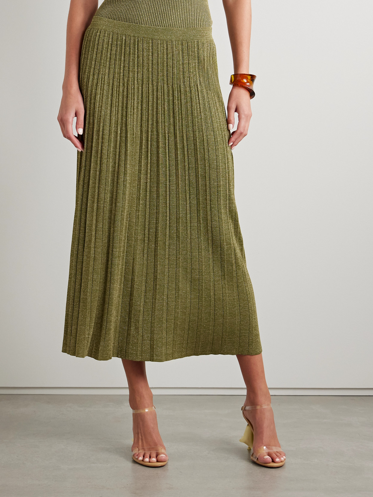 Zimmermann Wylie Metallic Ribbed-knit Midi Skirt In Green