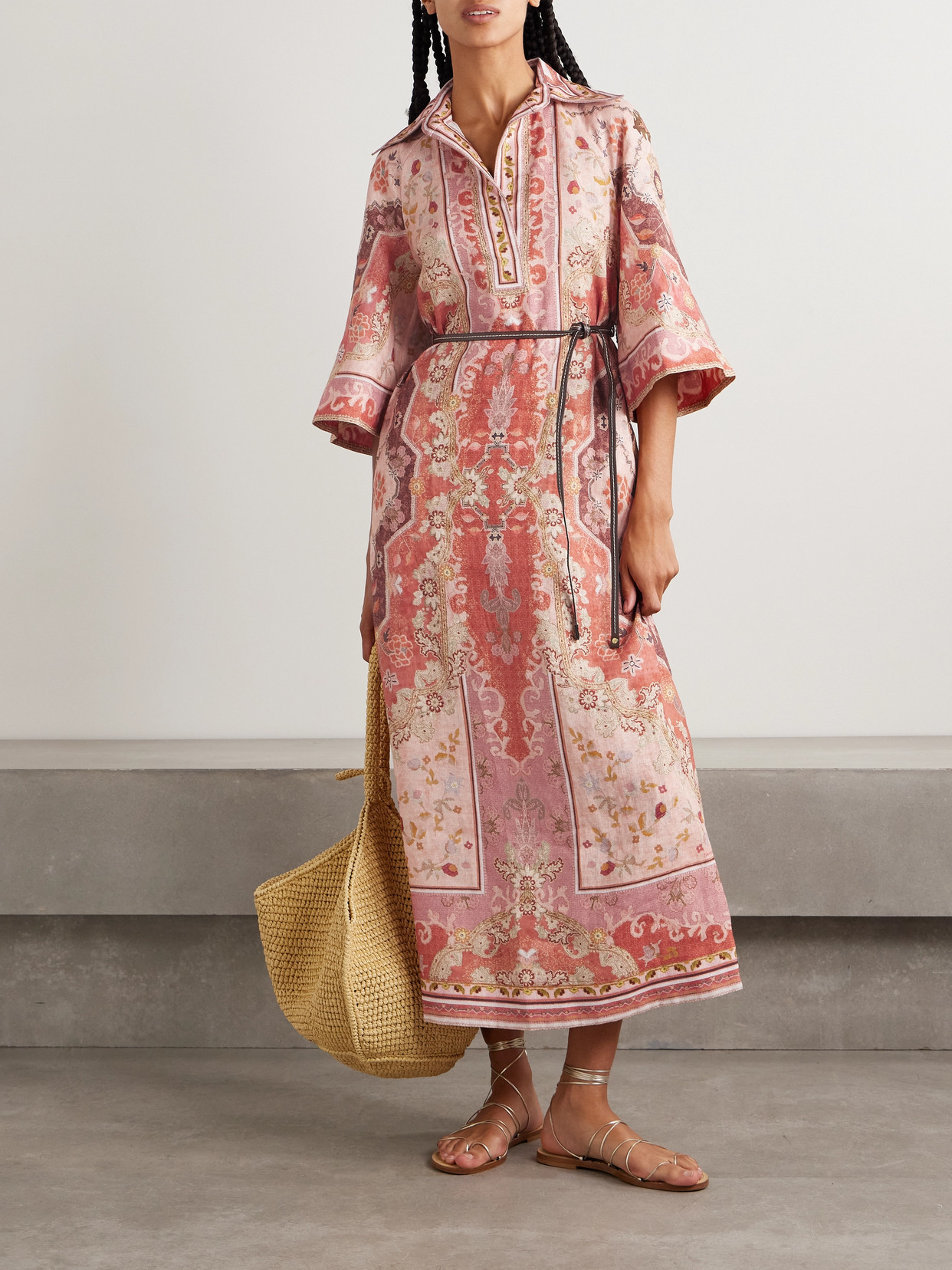 ZIMMERMANN WYLIE BELTED PRINTED LINEN MIDI DRESS