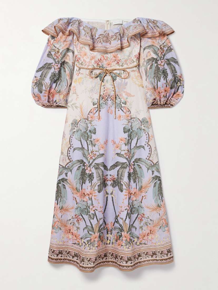 Zimmermann Wylie Off-the-shoulder Belted Floral-print Linen Midi Dress