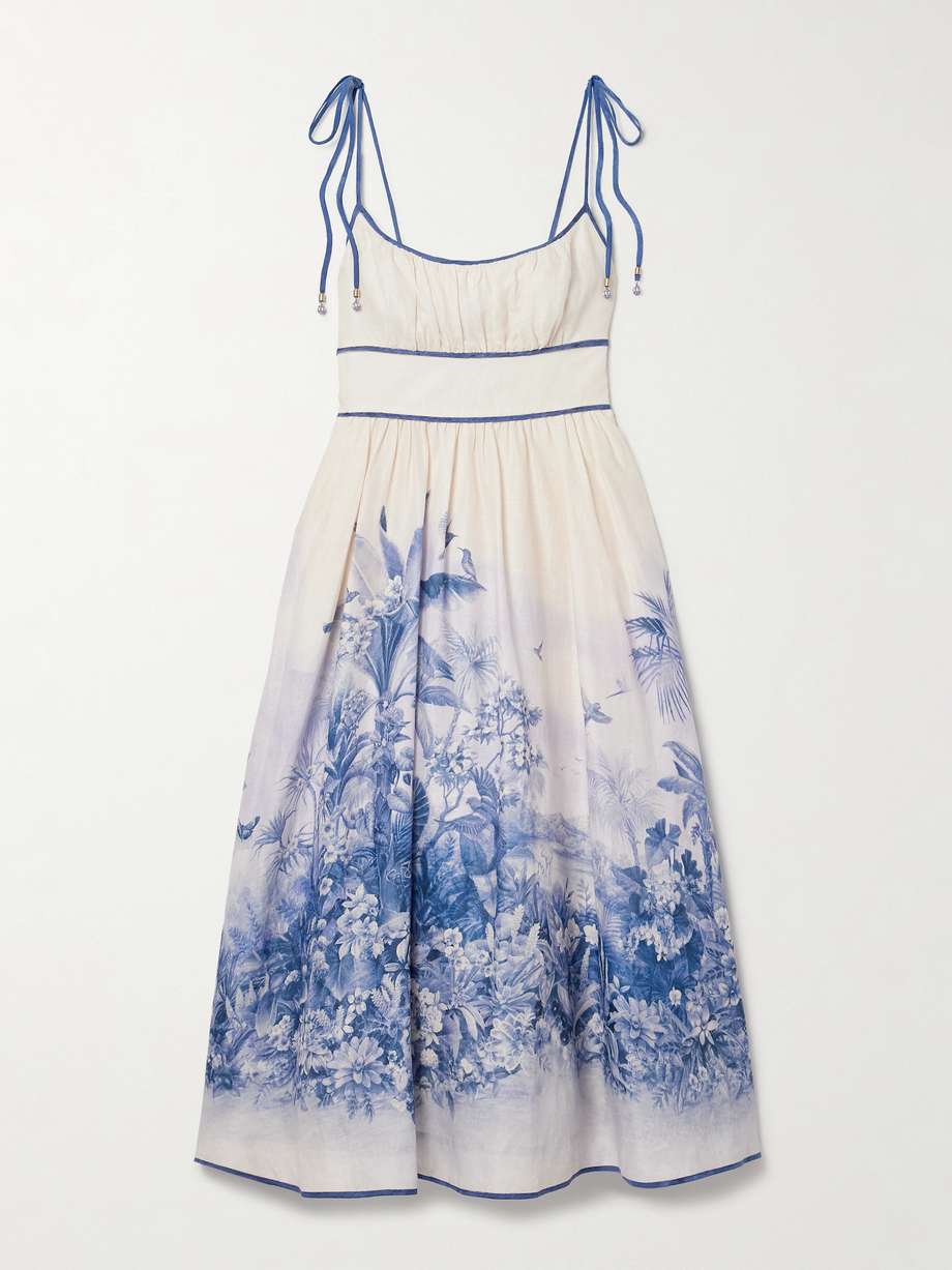 wylie shirred printed linen midi dress