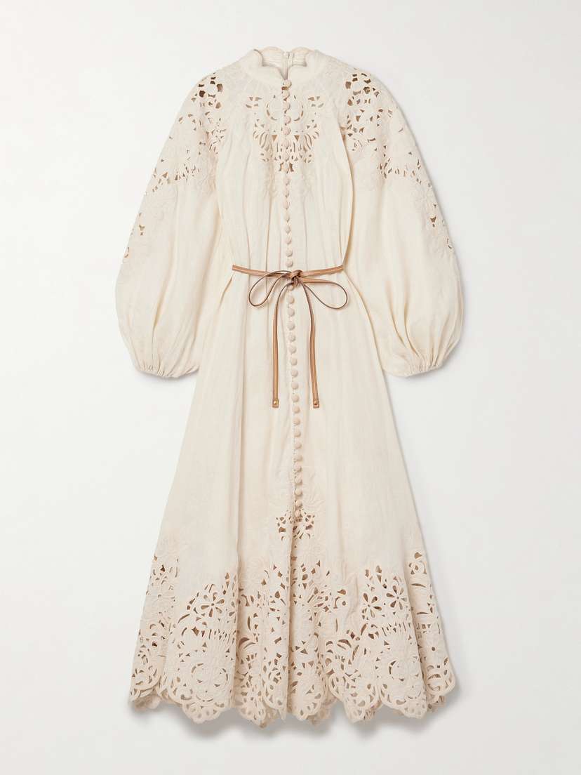 Zimmermann Wylie Belted Broderie Anglaise Linen Midi Dress