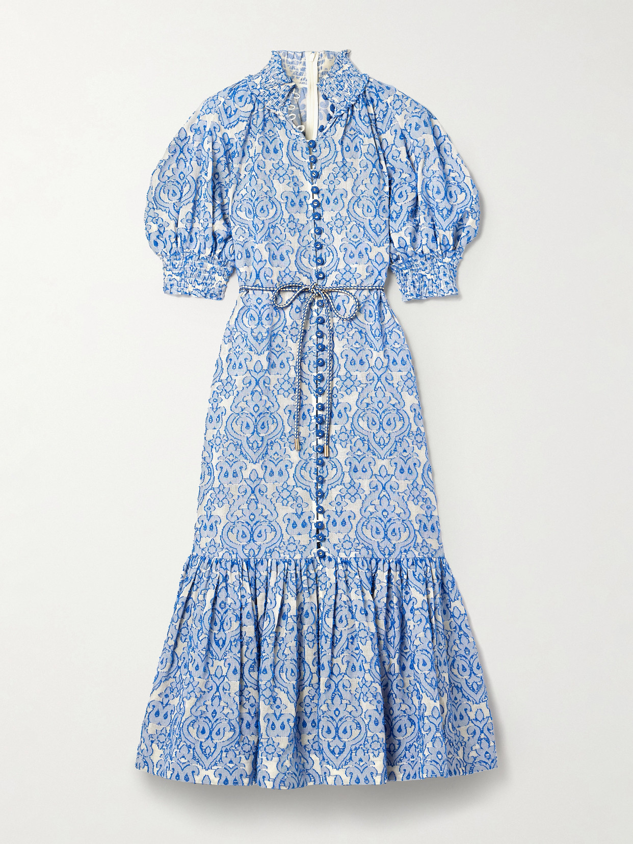 Zimmermann Wylie Belted Tiered Embroidered Cotton Midi Dress In Blue