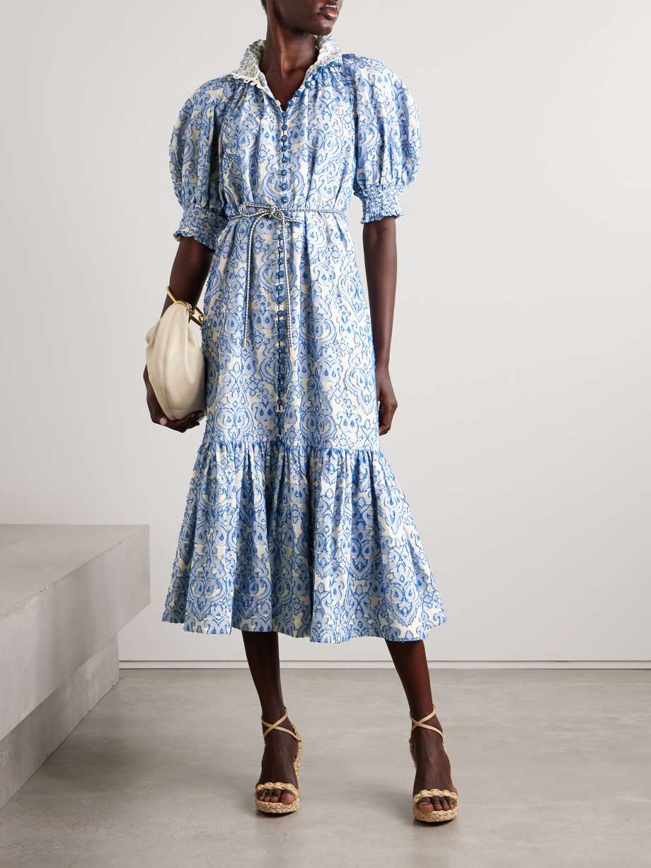 wylie belted tiered embroidered cotton midi dress