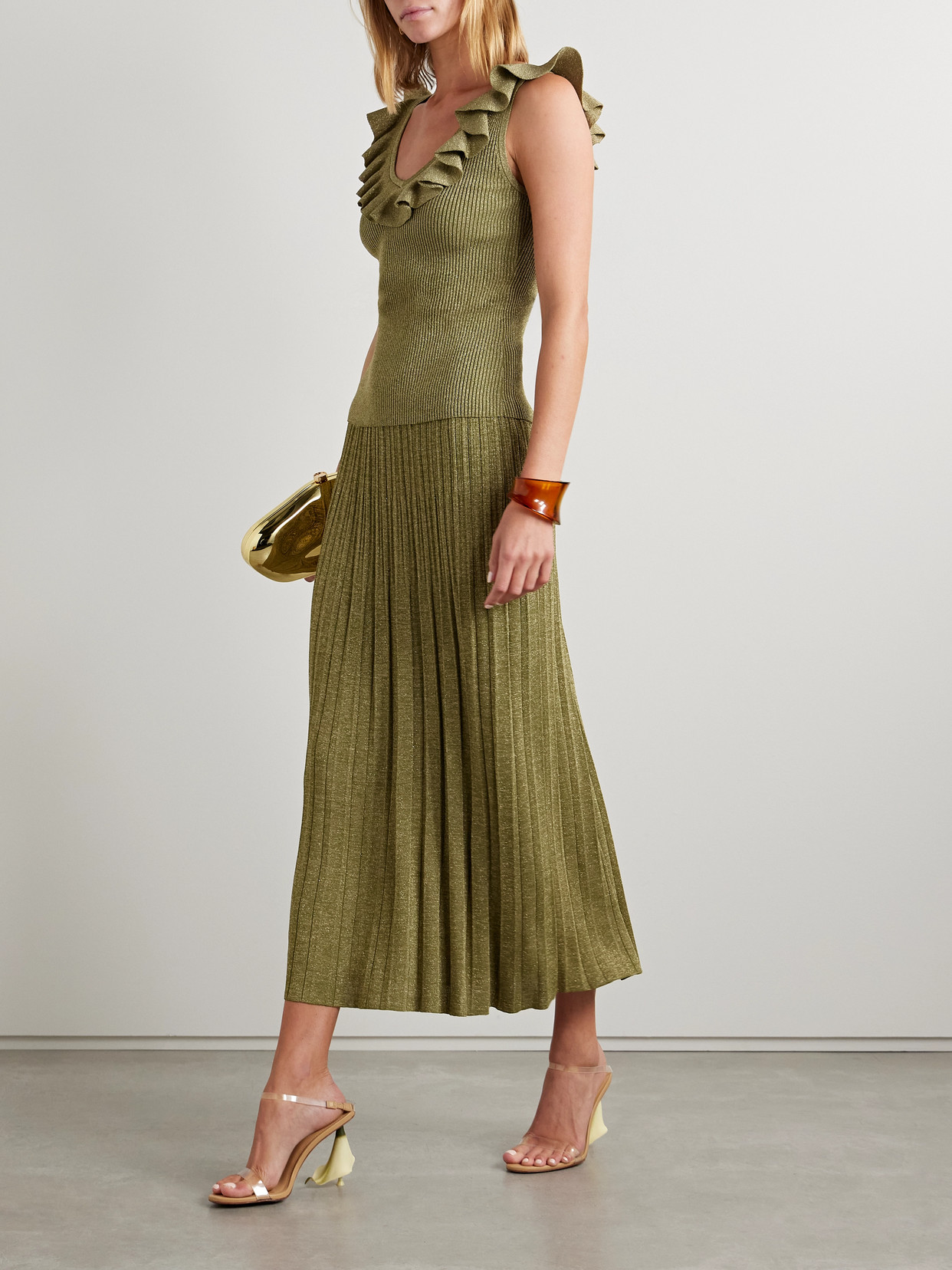 ZIMMERMANN WYLIE RUFFLED METALLIC RIBBED-KNIT TOP