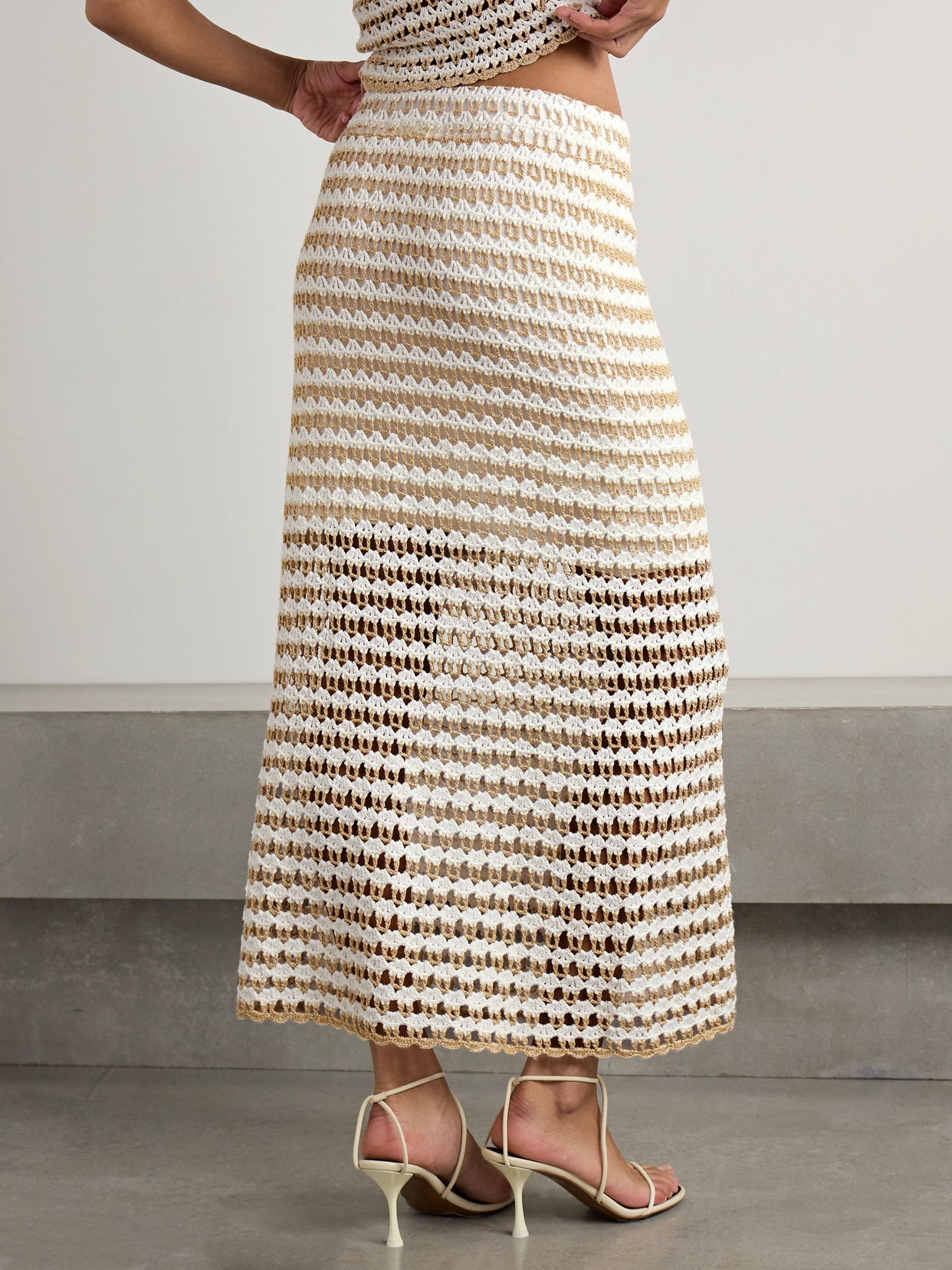 Tallow Striped Crocheted Cotton-Blend Midi