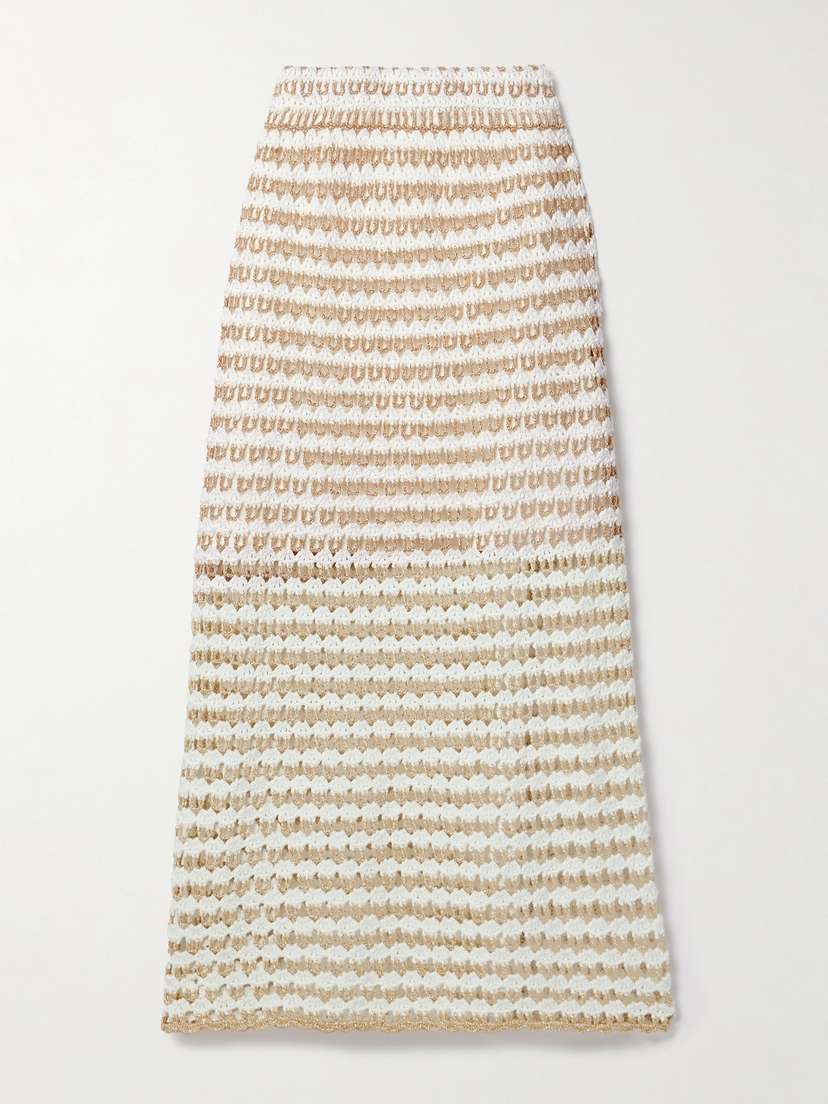 Zimmermann Tallow Striped Crocheted Cotton-blend Midi Skirt