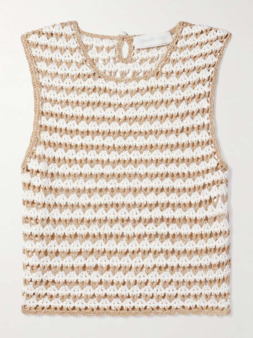 Zimmermann Tallow Cropped Striped Crocheted Cotton-blend Tank