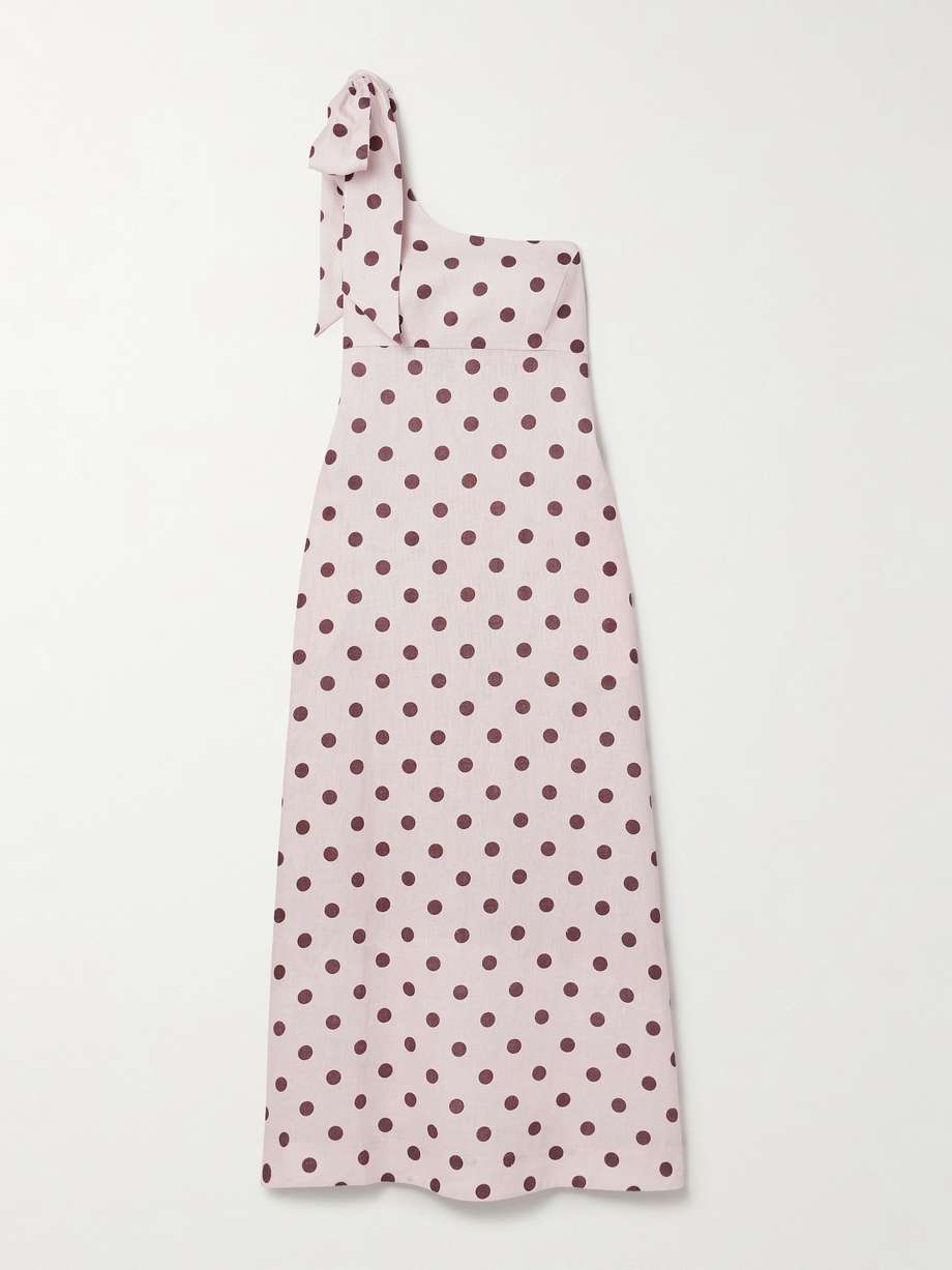 acacia one-shoulder bow-embellished polka-dot linen midi dress