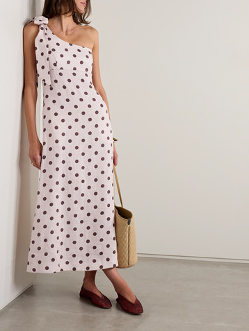Zimmermann Acacia one-shoulder bow-embellished polka-dot linen midi dress