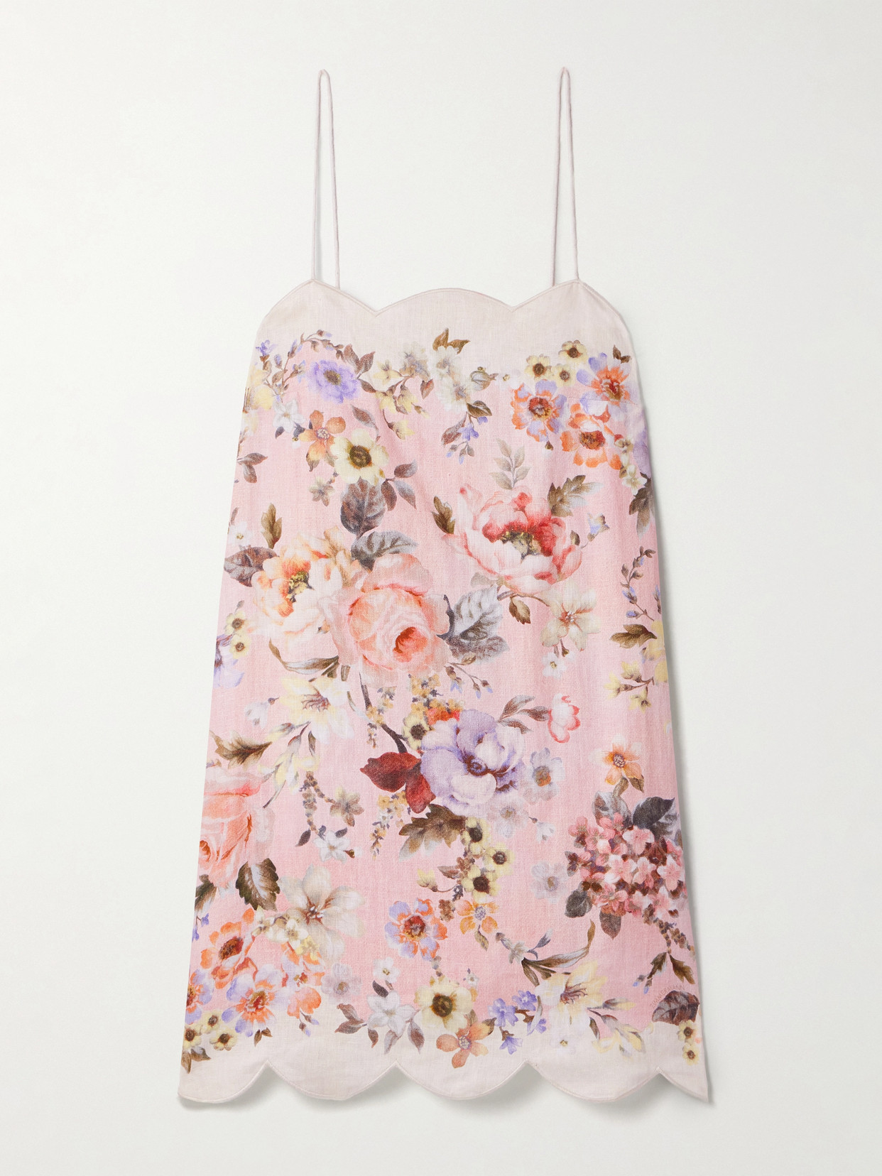 Shop Zimmermann Acacia Scalloped Floral-print Linen Mini Dress In Pink