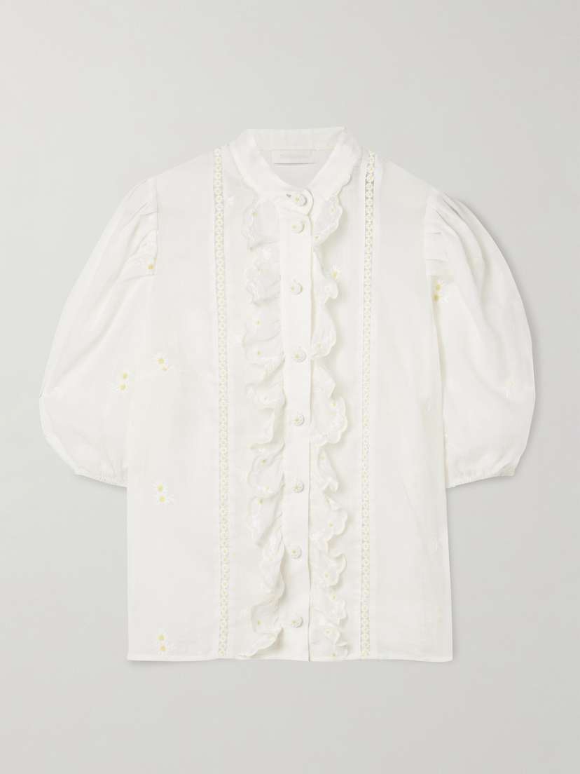 Zimmermann Acacia Ruffled Embroidered Ramie Blouse