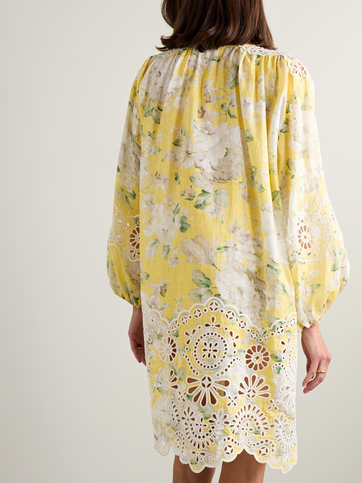 Shop Zimmermann Acacia Tie-neck Broderie Anglaise-trimmed Floral-print Linen Mini Dress In Yellow