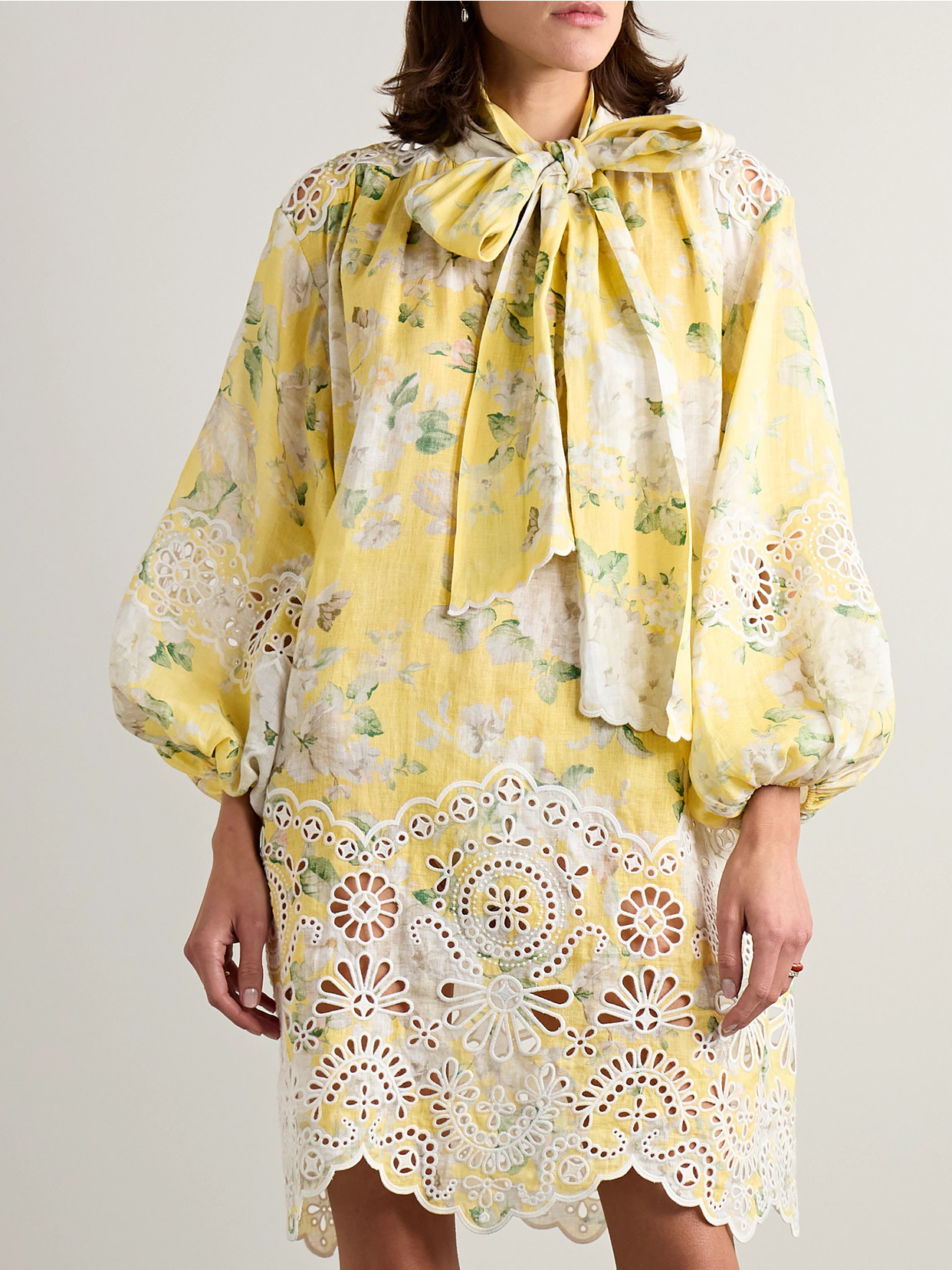 Shop Zimmermann Acacia Tie-neck Broderie Anglaise-trimmed Floral-print Linen Mini Dress In Yellow
